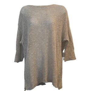 J‎ Jill Beige Knit Mesh Sweater Top 3/4 Sleeve Boat Neck Oversized Layering Lrg